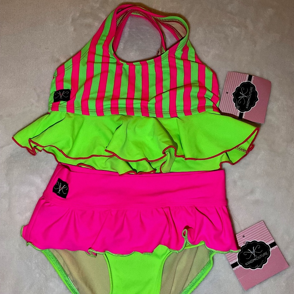 Kandi Kouture 2 piece dancewear, Girls size Child X-Large, lime green and pink
